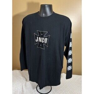 Vintage JNCO Jeans Embroidered Big Patch Logo Down Sleeve Black Tee Men’s Size L